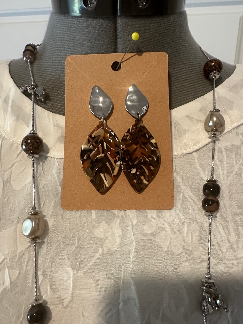 Chico's Brown Tortoiseshell Double-Drop Pendant Necklace with Matching Earrings - Picture 2 of 3